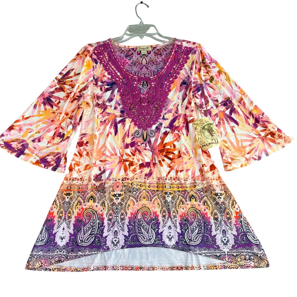 One World Womens S Purple Paisley Floral Tunic Top Bell Sleeve Crochet Boho NWT‎